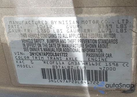 2013 Nissan Versa S from USA, damaged, VIN 3N1CN7AP2DL841722